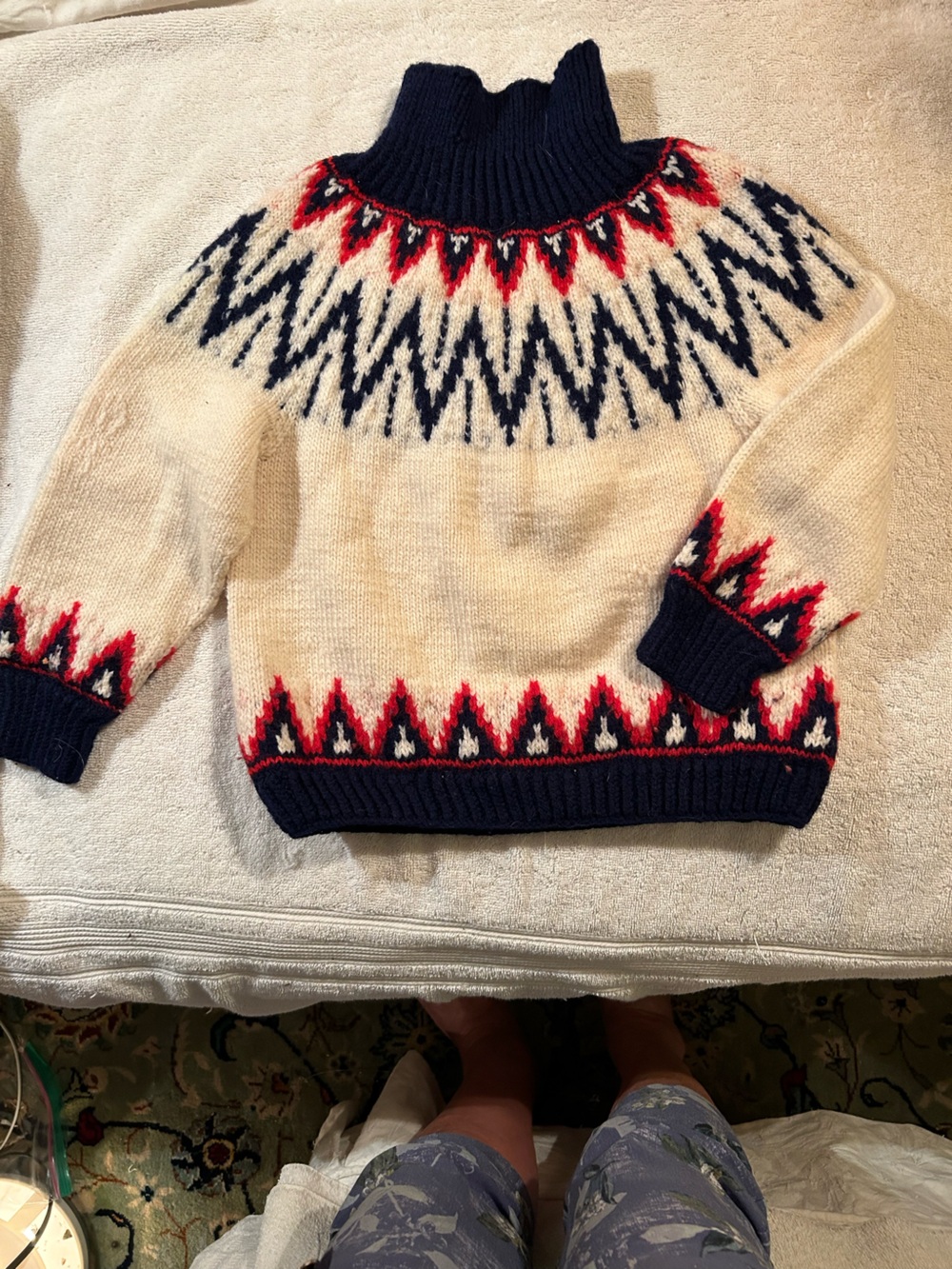 Cream Nordic Pattern Kids Sweater with Navy & Red Accents